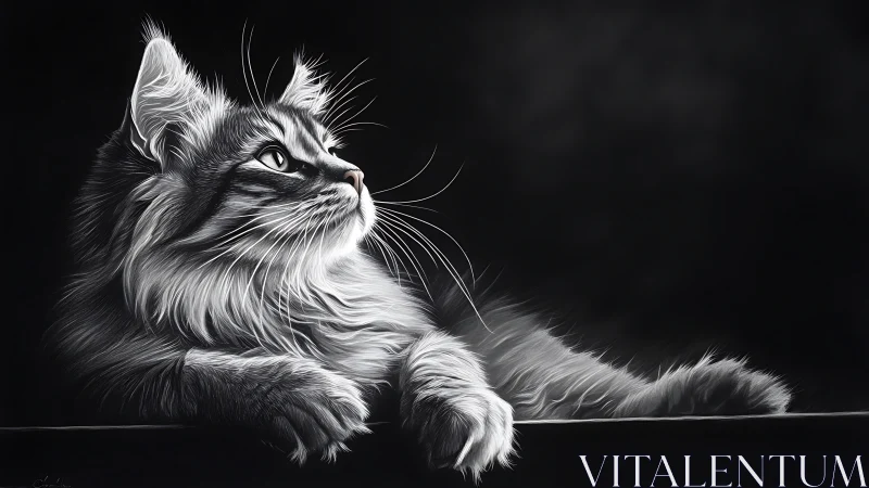 Long-Haired Feline Portrait in Monochromatic Charcoal Study.
