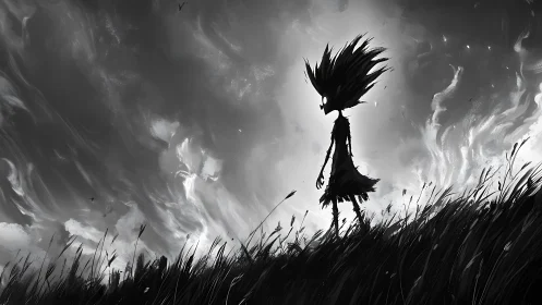 Silhouetted spectral child against storm swept monochrome sky.