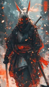 Demon fox swordsman strides through burning snowfall