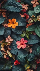 Vibrant Floral Composition on Dark Foliage Background