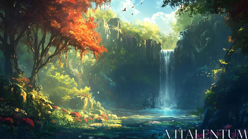 Forest waterfall and pond in sunlit rocky gorge environment.