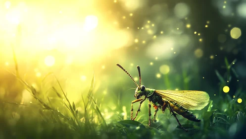 Sunlit grasshopper walks through glowing morning meadow light