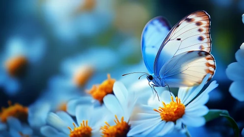 Macro study of blue butterfly on daisies in cool bokeh field