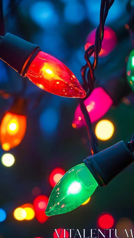 Colorful string lights glow sharply against blurred bokeh