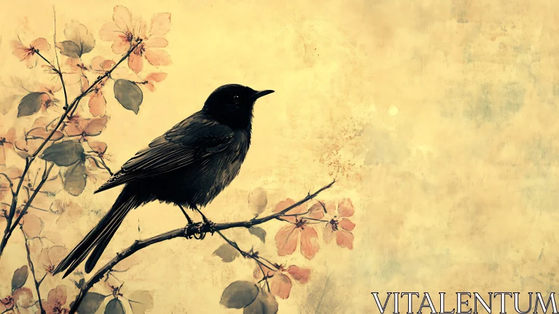 Songbird silhouette on blossom branch against aged sky.