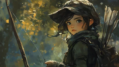 Forest-born girl archer pauses mid-quest under wild light.