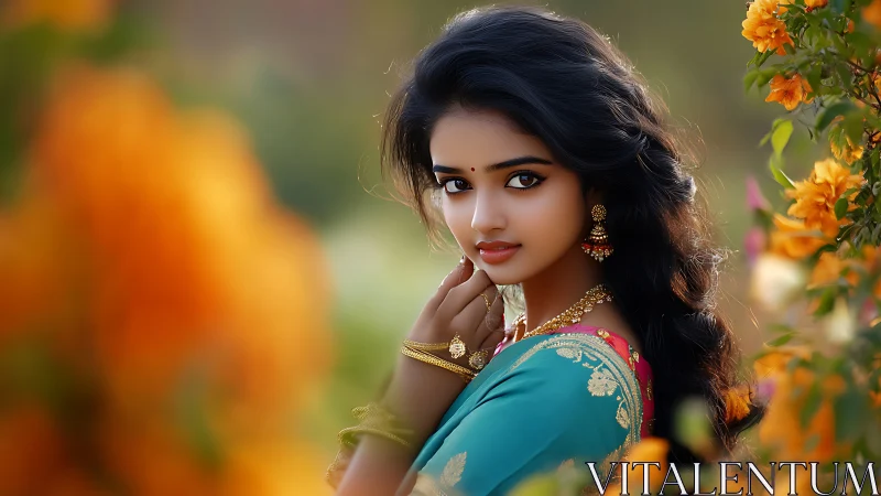 Portrait of Indian Woman in Traditional Dress Amid Vibrant Flowers.