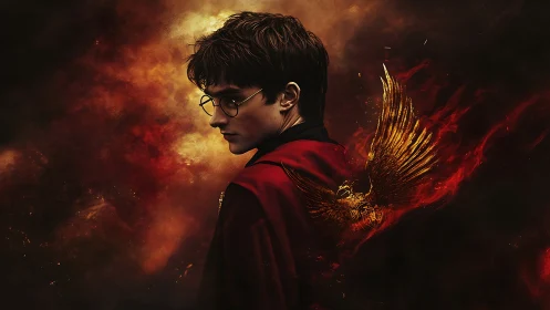 Boy in red cloak with fiery golden winged emblem ignited.