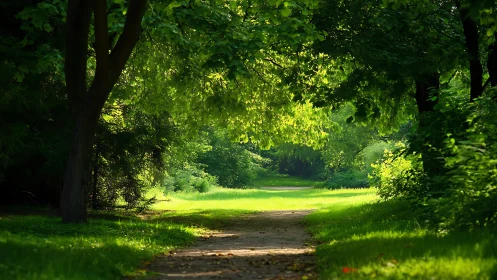 Sunlit forest pathway with lush green trees and tranquil ambiance.