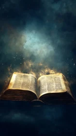 Ancient open book floating in dark glowing space field.