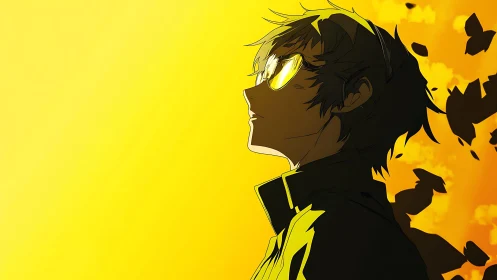 Profile view shows stylized character against yellow gradient