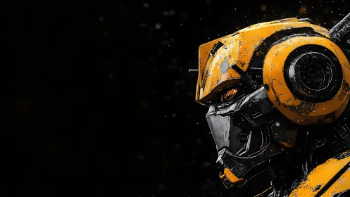Yellow armored robot portrait against deep black void.
