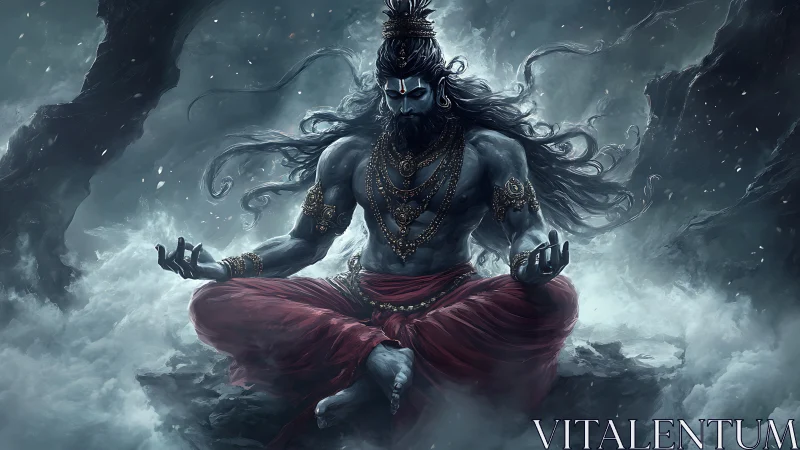 Blue-skinned deity figure in seated meditation amid mist.