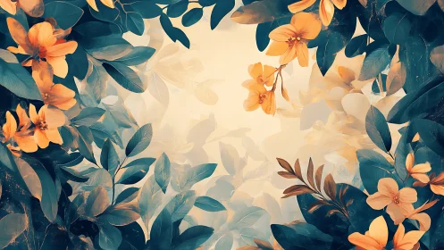 Golden blossoms drift through teal twilight foliage frame.