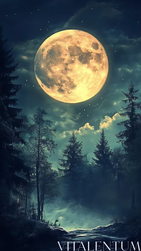 Giant moon bathes a misty pine forest in ethereal light.