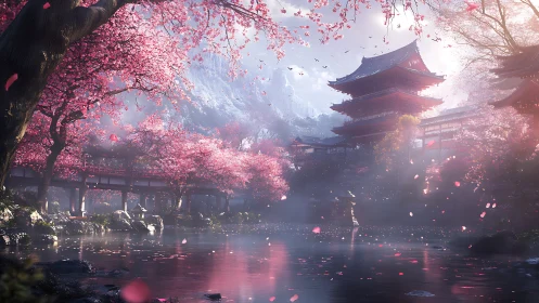 Blossom-draped temple lagoon under whispered mountain light.
