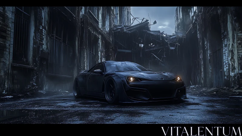 Black sports car parked in dark ruined city alleyway.