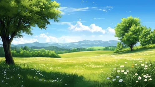 Sunlit wildflower meadow opens toward distant mountain hills