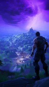 Lone gamer scouts neon valley beneath storm torn sky.