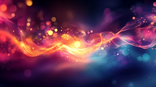 Spectral light waves with bokeh particles on dark gradient field.