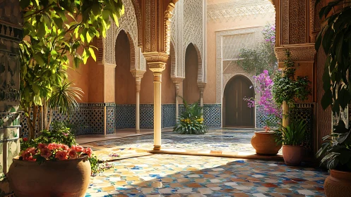 Sunlit riad courtyard with lush plants and mosaics.