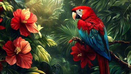 Red parrot on branch within dense tropical foliage scene.