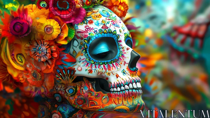 Digital painting of ornate calavera profile with floral halo.