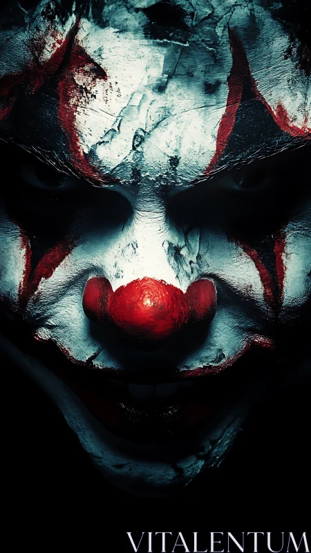 Sinister clown portrait with cracked red and white makeup.