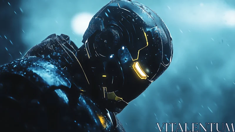 Rain-soaked armored exosuit with illuminated optical visor matrix.