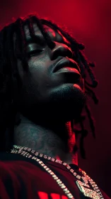 Side-lit close-up portrait under red and teal studio lighting