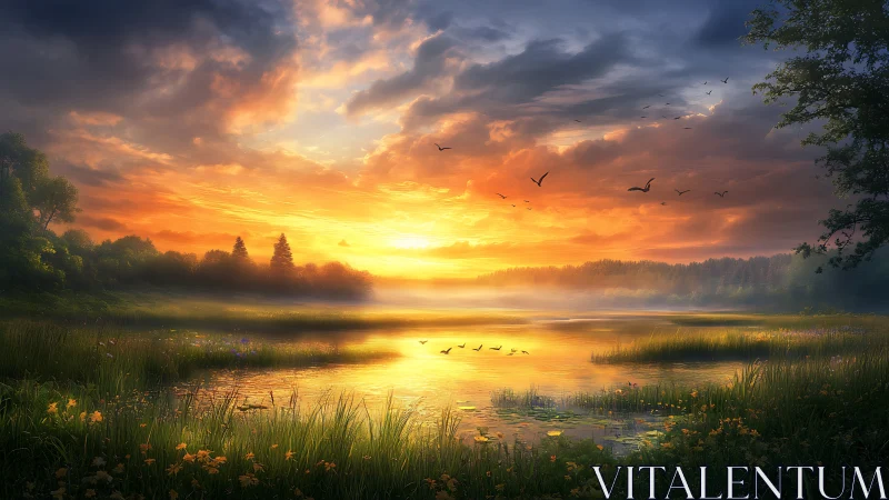 Glowing sunrise welcomes quiet wetlands into a soft new day