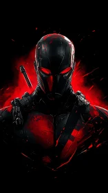 Black and red armored masked figure on dark abstract background.