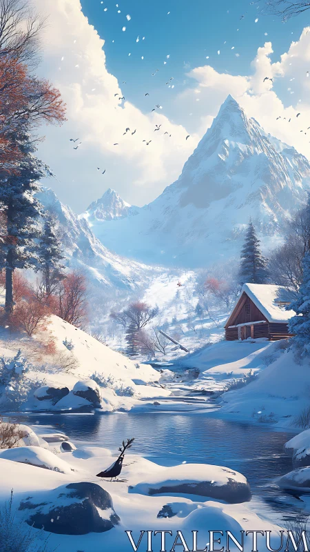 Snowy alpine valley with river, cabin and tall peak.