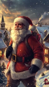 Jolly Santa strolling through a cozy snowy village night.