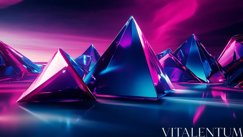Luminous neon pyramids on reflective sci fi horizon.