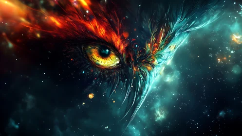 Cosmic firebird eye watching over a swirling starfield.