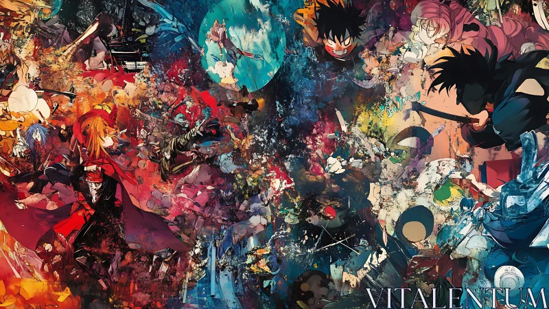 Explosive anime warriors leap through swirling cosmic chaos