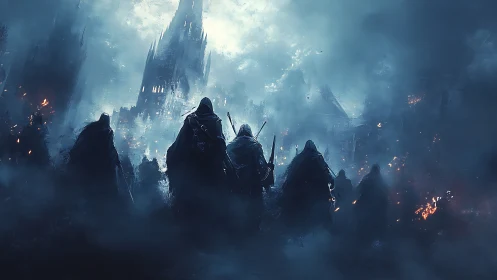Cloaked warriors advance through war-torn citadel under cold fog