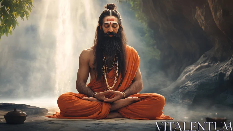 Yogi in orange robes meditates before misty waterfall.