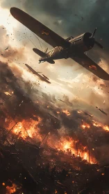 Warplane dives over burning battlefield under storm skies