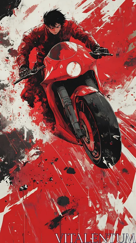 High-speed red sport motorcycle with rider in abstract motion field.