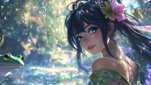 Digital portrait shows young woman and frog in luminous forest