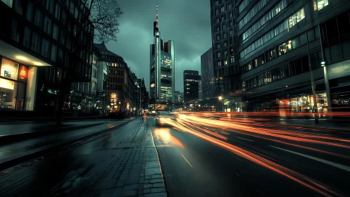 Neon light trails carve wet urban street at dusk.