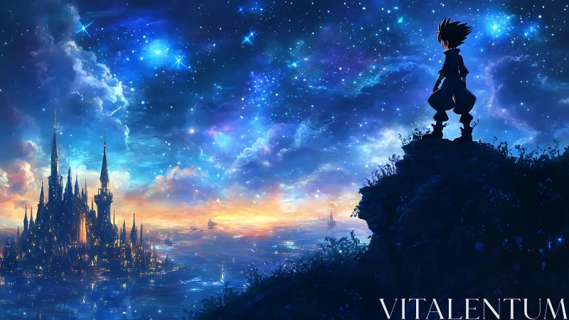 Silhouetted boy observes luminous castle beneath star field