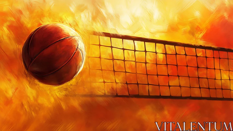 Fiery volleyball spike across glowing abstract net field.