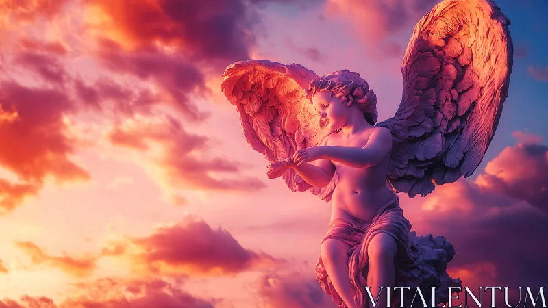 Angel statue with glowing wings against vivid sunset sky.