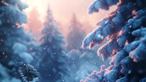 Snow laden fir branches glow in soft winter sunset light
