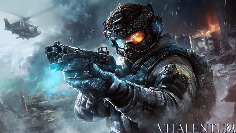 Futuristic tactical soldier aiming rifle in ruined warzone