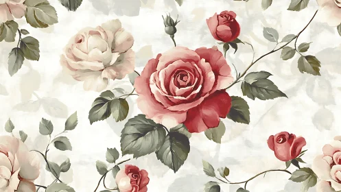 Garden Roses in Soft Watercolor: Pink and Red Blooms Against Cream