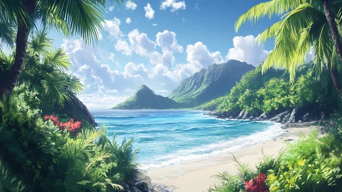 Tropical Island Cove with Mountains and Palm Trees.